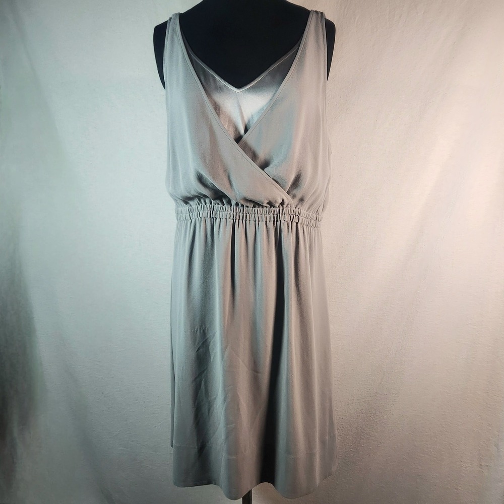 Eileen Fisher Petite M Gray Smoke‎ Silk Sleeveless Dress Side Pockets Satin